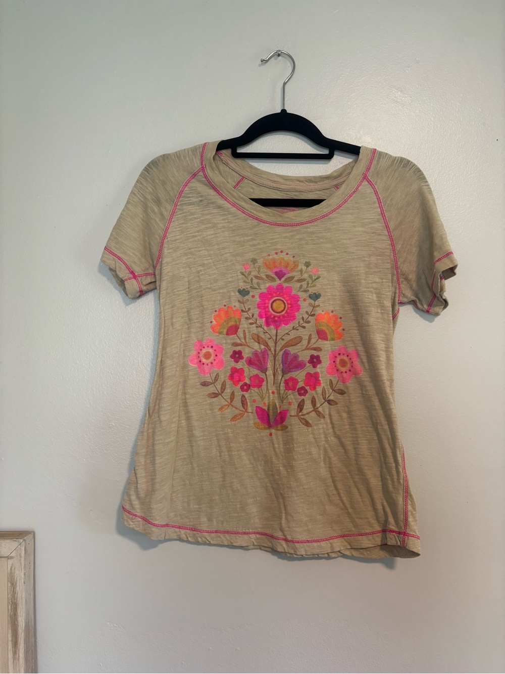 NATURAL LIFE Beige Short Sleeve Tee with Pink & Orange Floral Embroidery